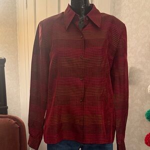 Carlisle Vintage Maroon Plaid 100% Silk Button Up Pointed Collar Blouse Size 12